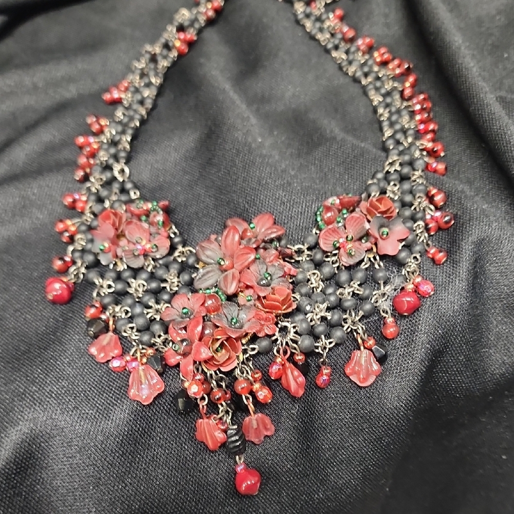 Elegant Floral Red and Black Necklace By Colleen Tolland
